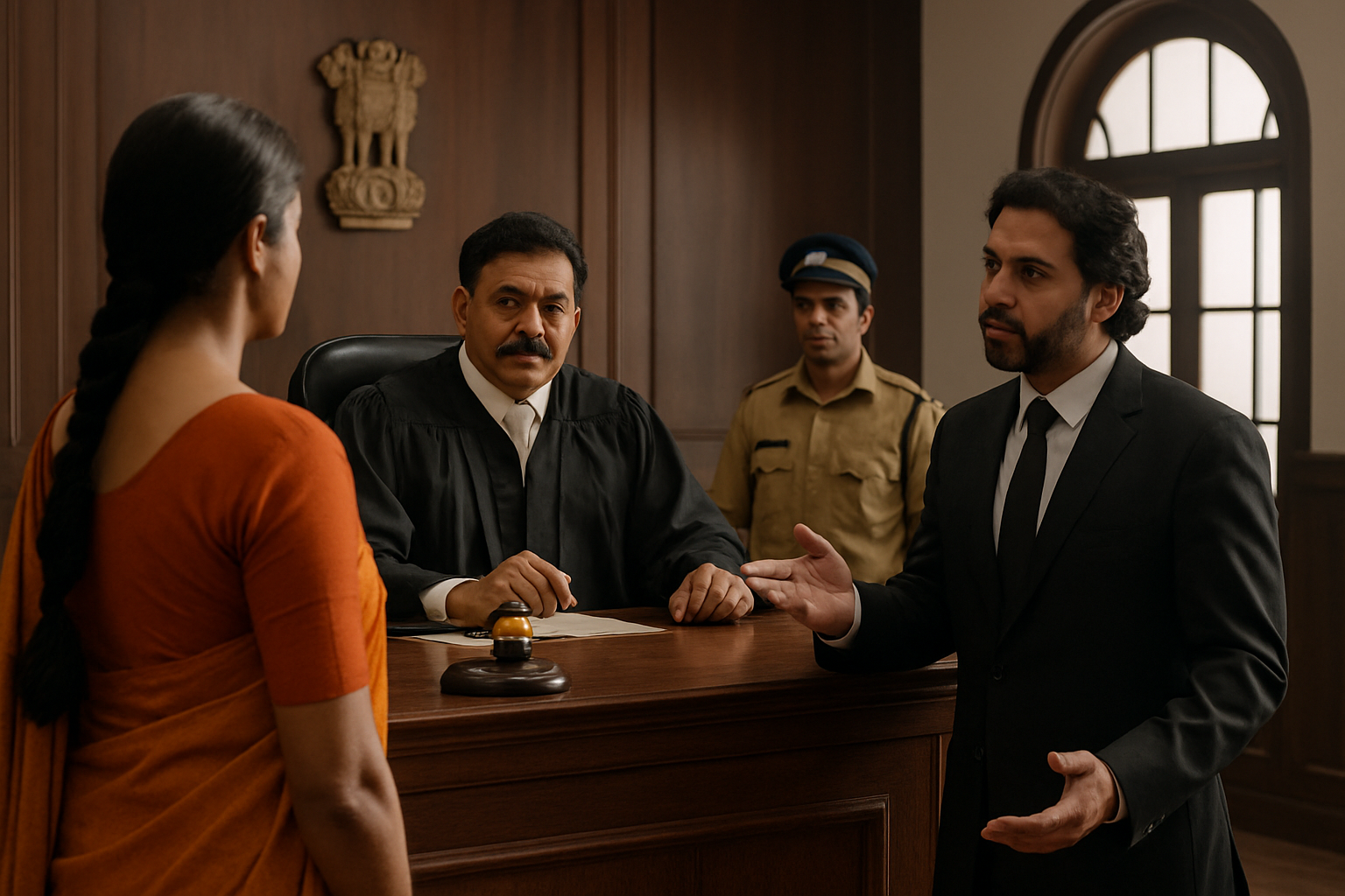 Courtroom scene depicting judge, victim, defense lawyer, and police during a rape trial in Patna High Court