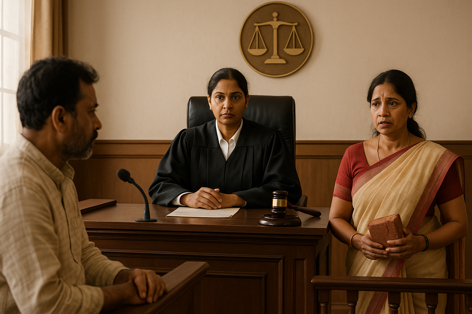 Courtroom illustration showing female defendant holding brick during a murder trial before Patna High Court