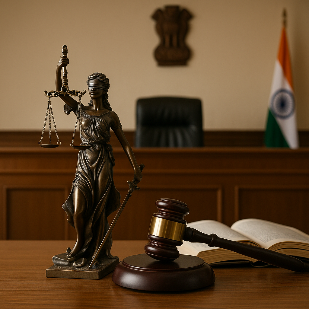 Courtroom scene showing justice statue, gavel, and Indian flag symbolizing juvenile bail decision by Patna High Court
