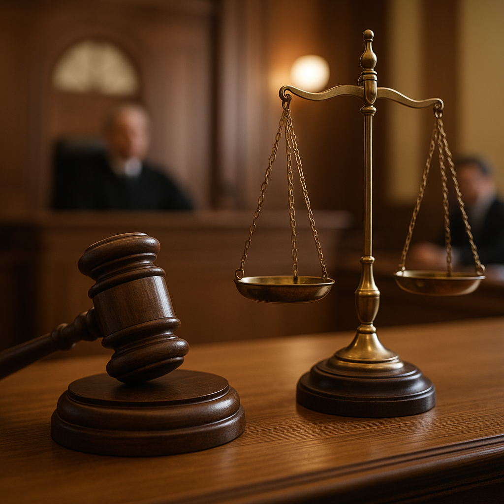Courtroom scene showing gavel and justice scales, symbolizing stamp duty dispute decision by Patna High Court