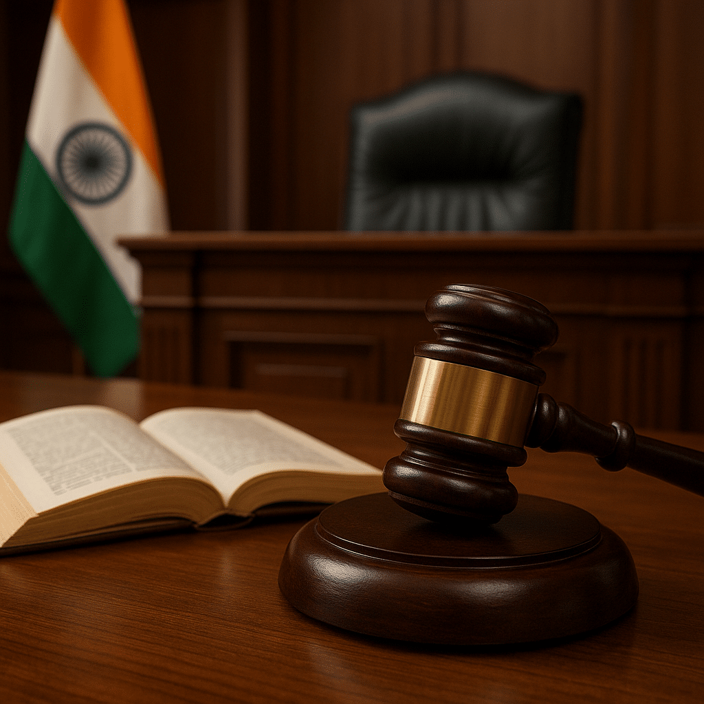 Courtroom scene with judge’s gavel and legal book depicting pension and gratuity dispute in Patna High Court