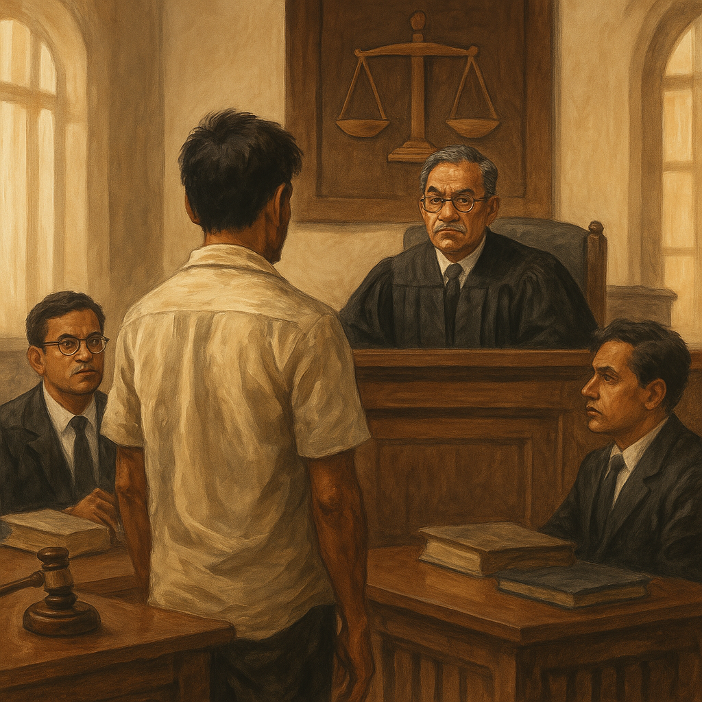 India Courtroom painting depicting judge, lawyers, and accused in a high-profile criminal trial setting in India