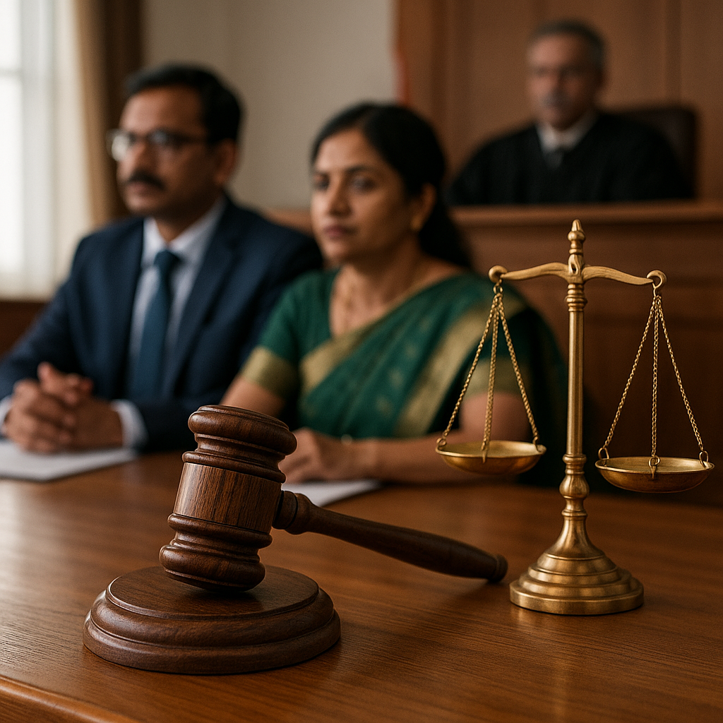 Courtroom scene showing gavel and justice scales during a SARFAESI pre-deposit case in Patna High Court