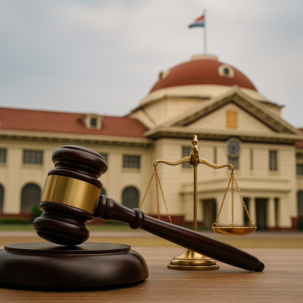 Patna High Court building with gavel and justice scales representing land acquisition judgment
