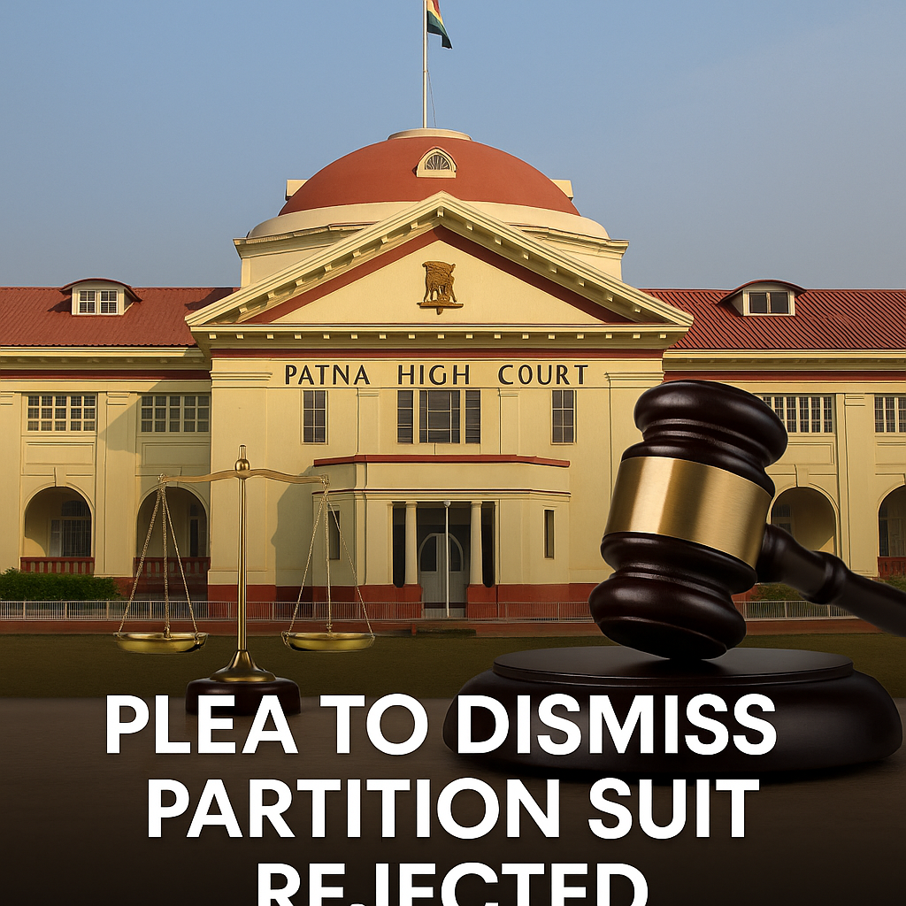 Patna High Court with gavel and justice scales, representing partition suit judgment on limitation issue