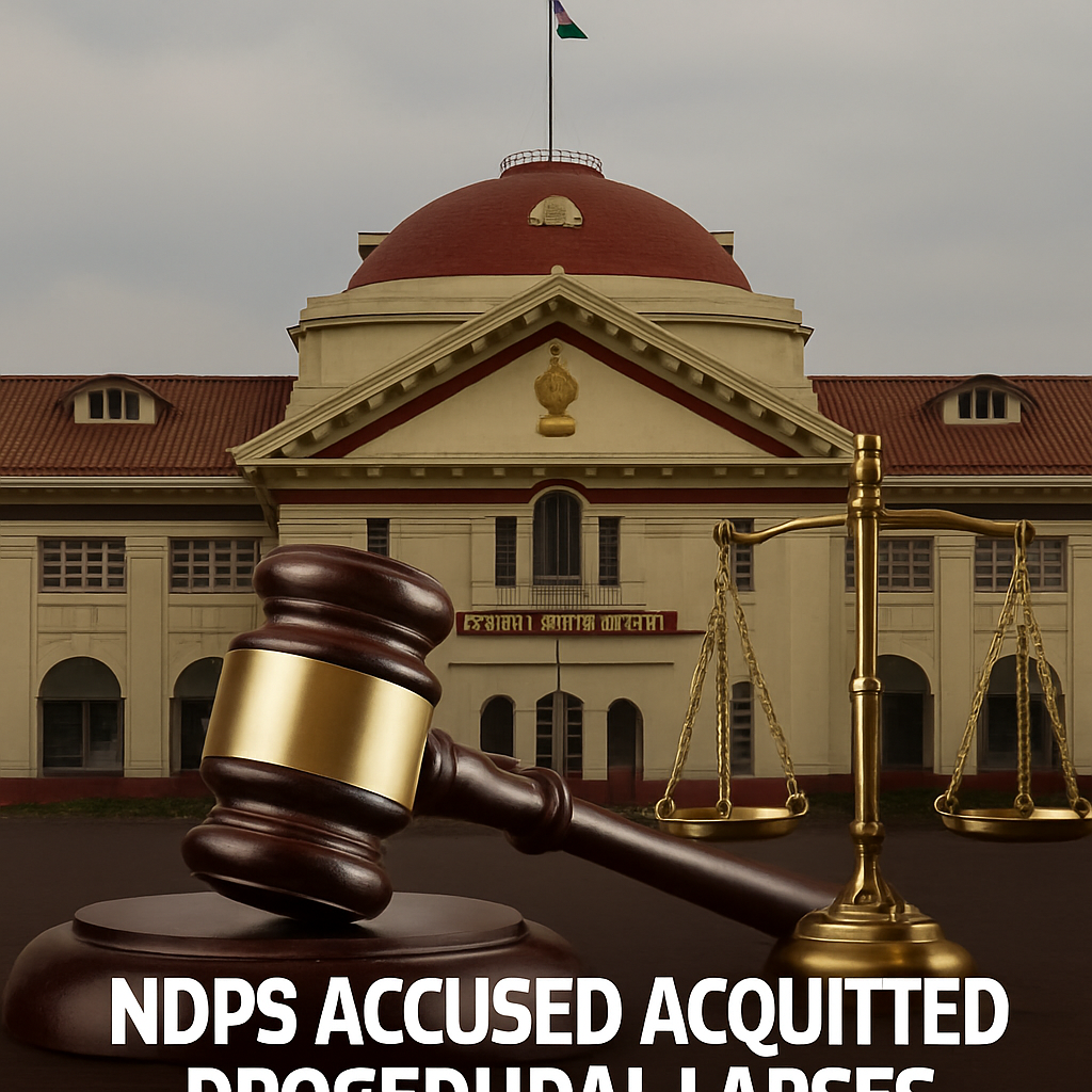 Courtroom with evidence table and justice scales representing NDPS acquittal due to procedural non-compliance