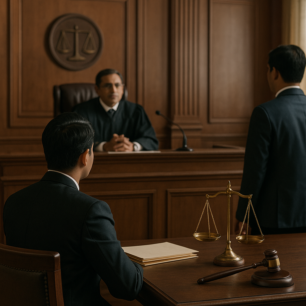 Courtroom scene depicting legal proceedings on silica sand lease dispute