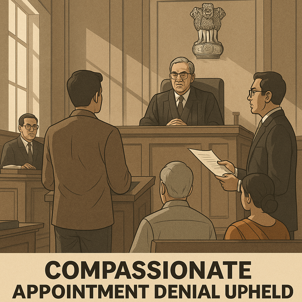 Courtroom illustration showing judge denying compassionate appointment due to financial stability
