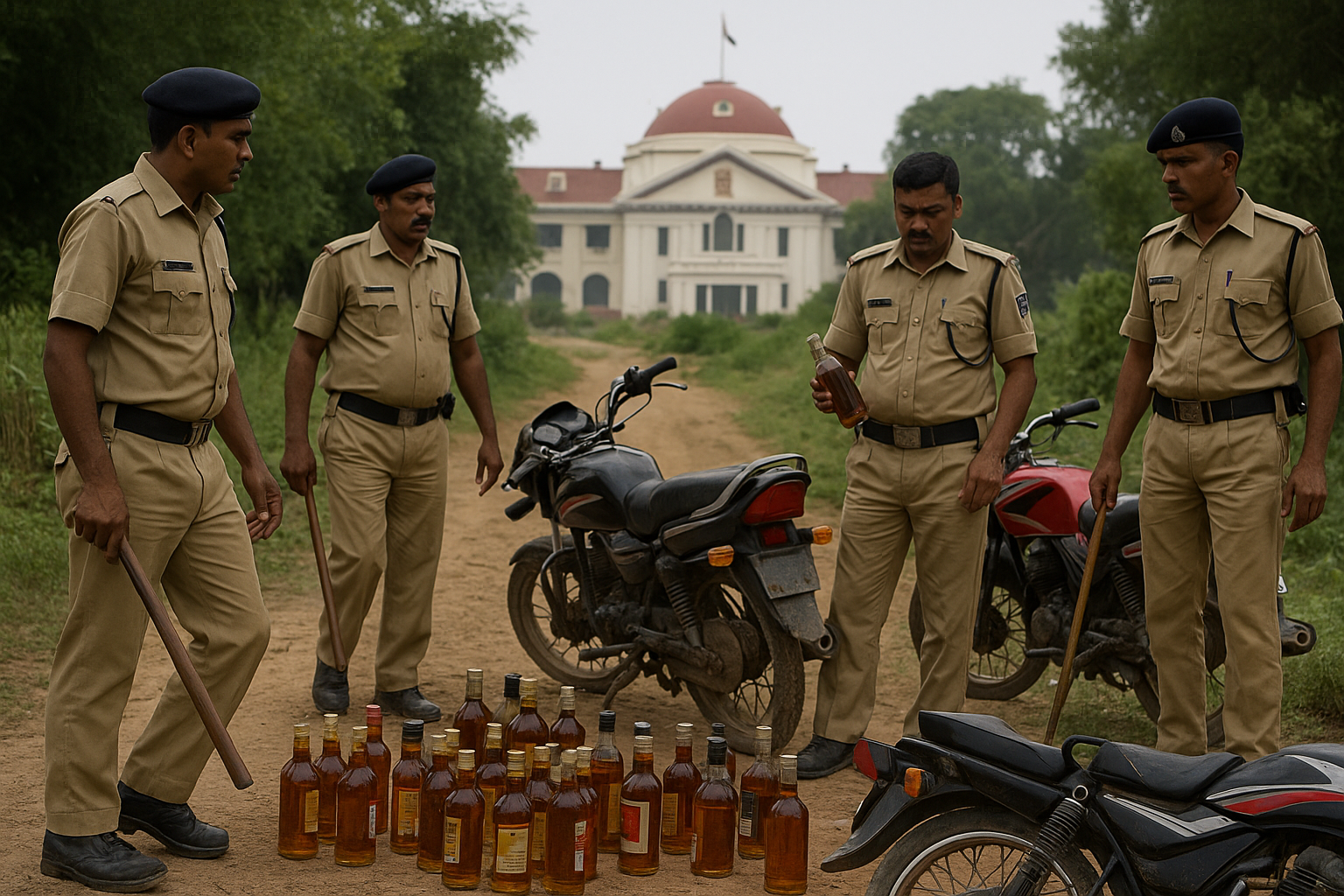 बिहार शराबबंदी कानून का प्रतीक – शराब पर रेखा और अदालत का हथौड़ा