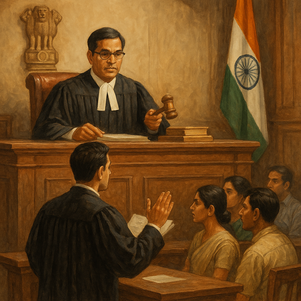 Courtroom scene of judge delivering decision in Bihar senior resident recruitment age limit case