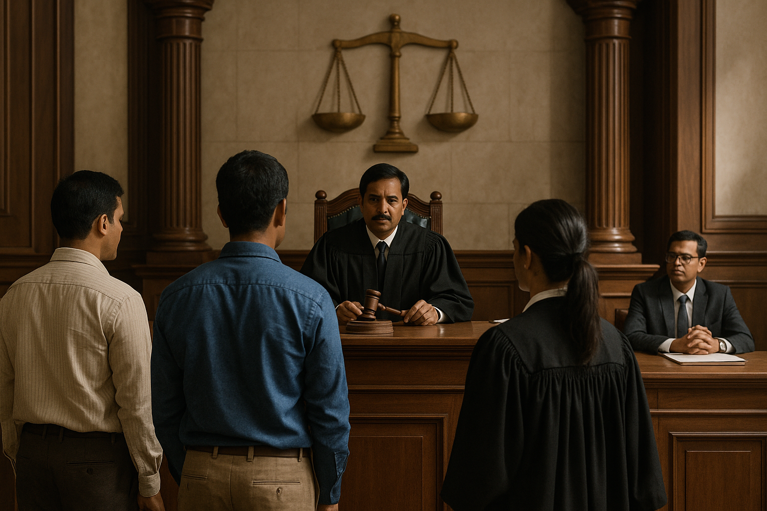 Indian courtroom scene showing a judge addressing parties in a civil vs criminal FIR dispute
