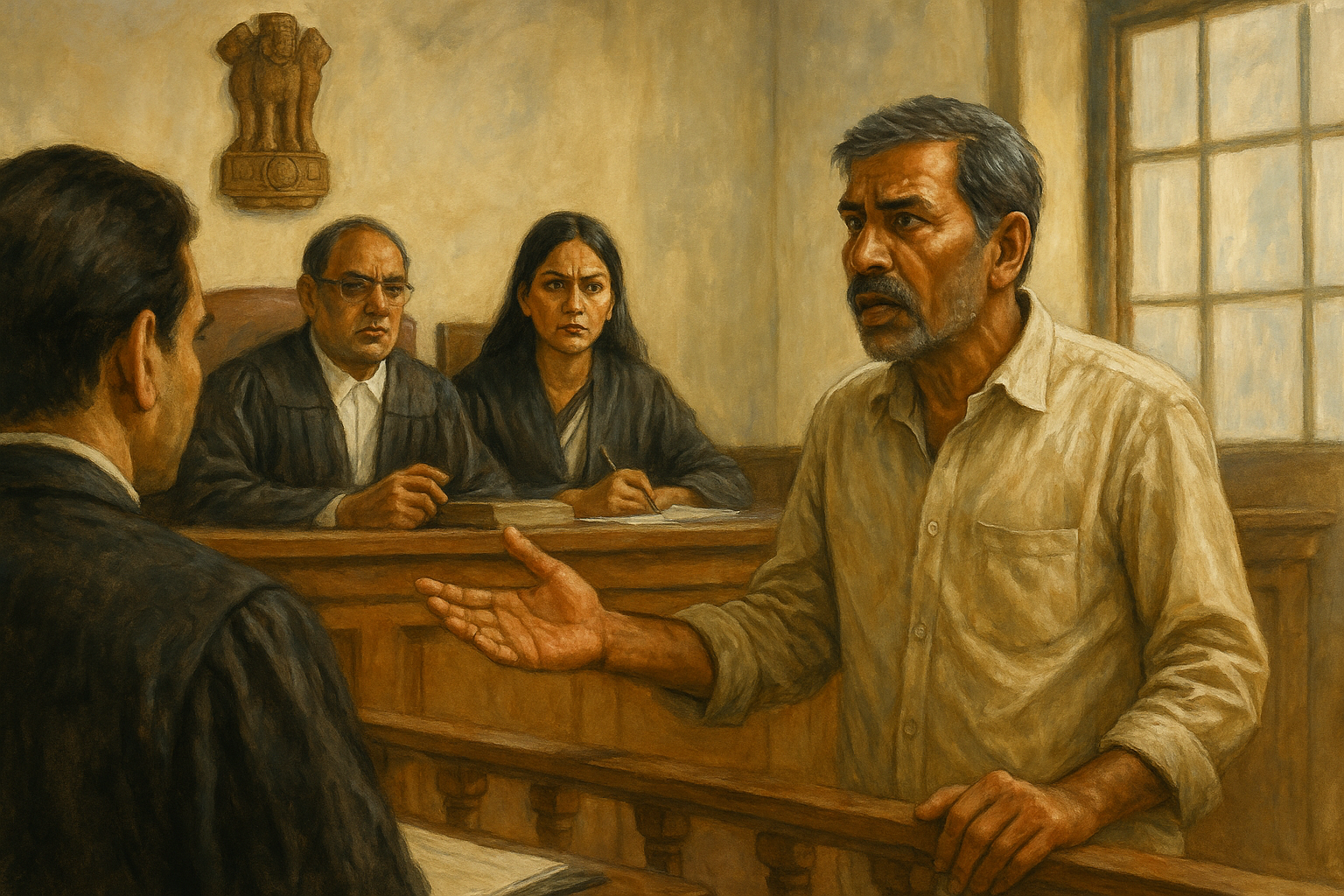 Courtroom scene of a petitioner seeking fair hearing in GST dispute before Patna High Court judges