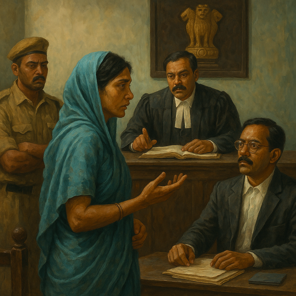 Courtroom painting showing a widow arguing for pension rights before a judge in a Patna High Court setting