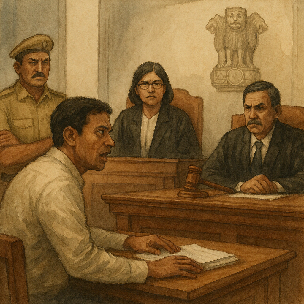 Watercolor courtroom scene depicting joint disciplinary hearing and judicial review by Patna High Court