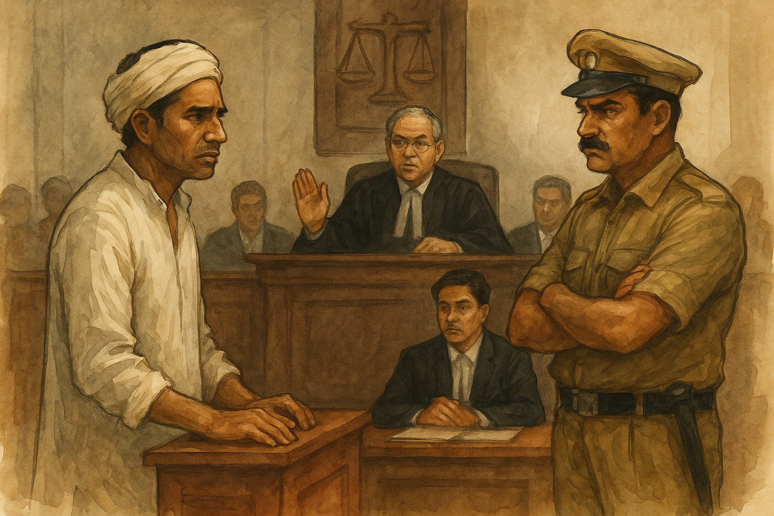 Watercolor courtroom scene showing petitioner seeking relief from GST penalty before Patna High Court judge