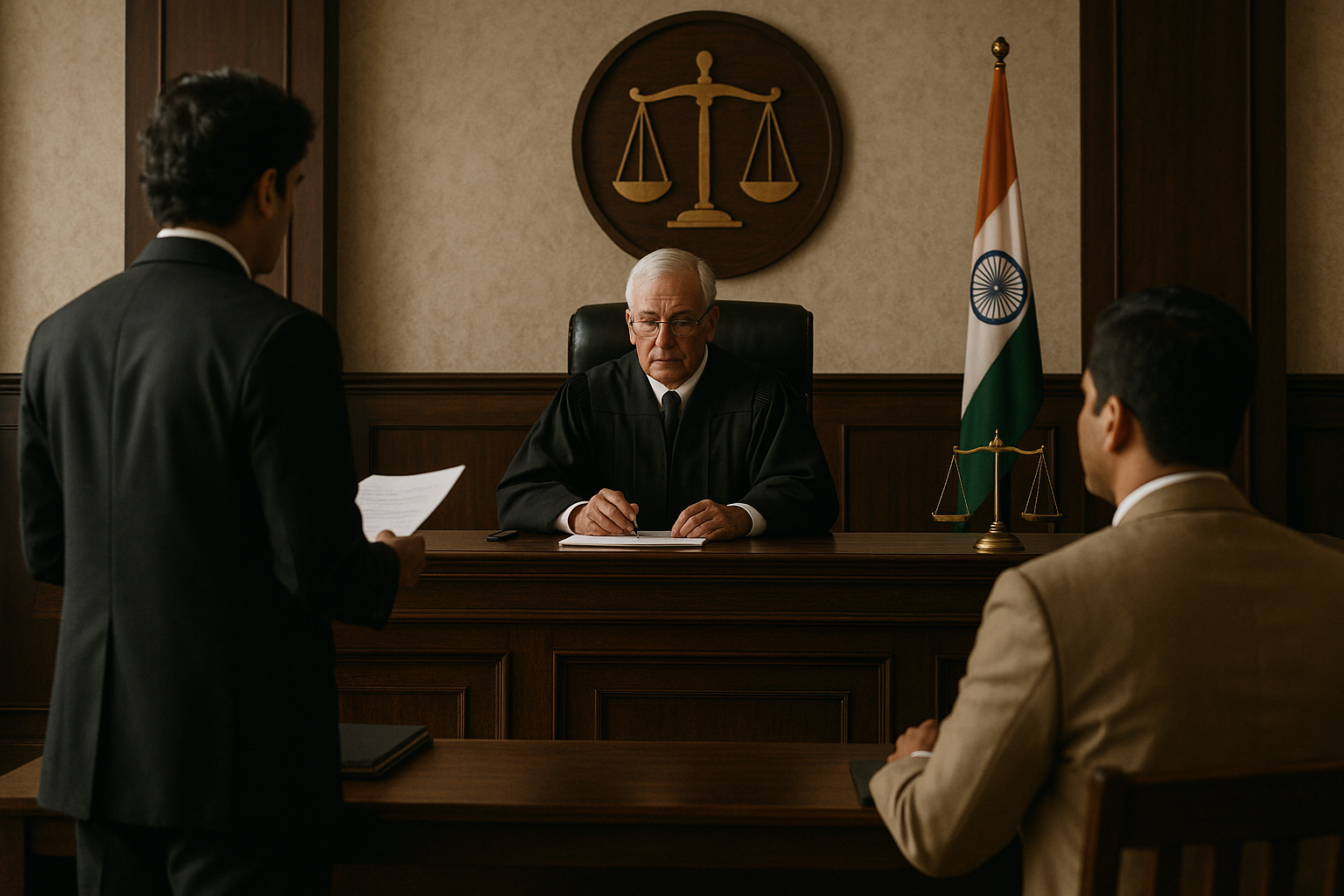 Courtroom illustration showing a judge listening to a departmental enquiry appeal in a dismissal case