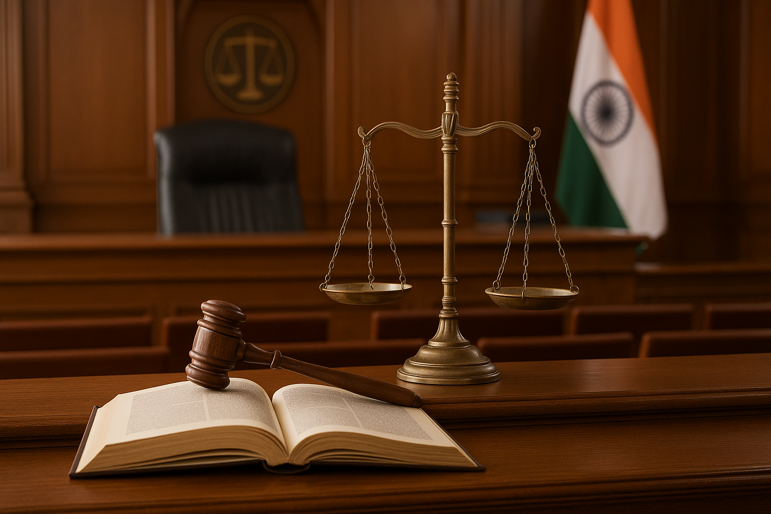 Indian courtroom scene showing judge’s bench, scales of justice, and legal symbols related to compulsory retirement case