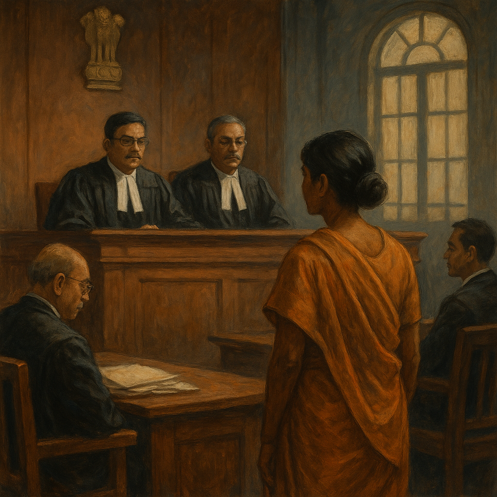 Courtroom scene showing judges and a widow in a case about family pension rights for work-charged employees