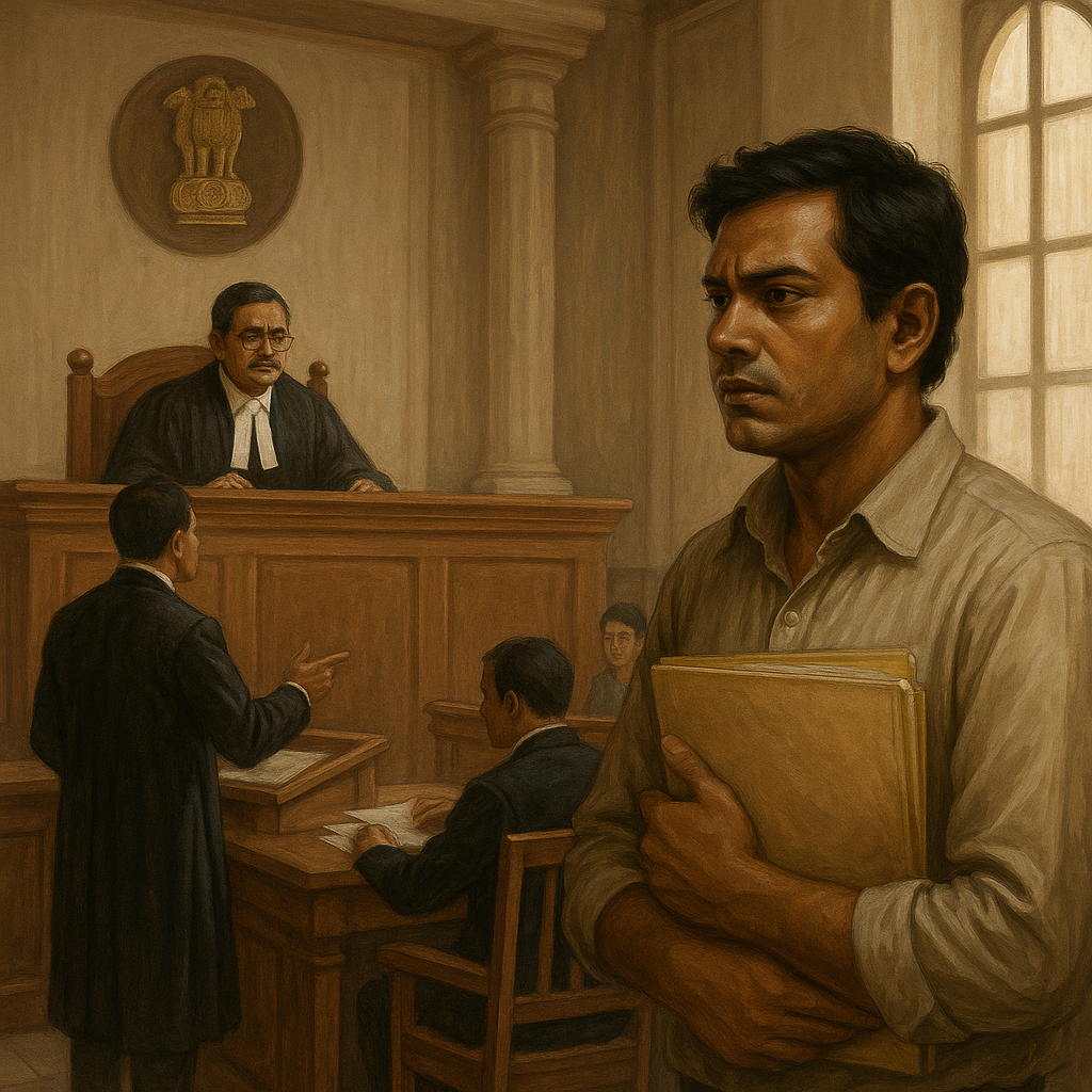 Indian courtroom scene showing a legal dispute over unpaid salary for a non-teaching employee