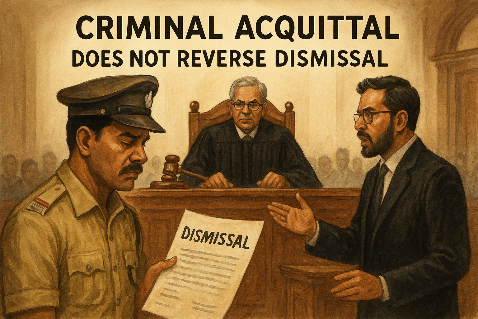 Courtroom scene depicting a police officer challenging his dismissal after acquittal