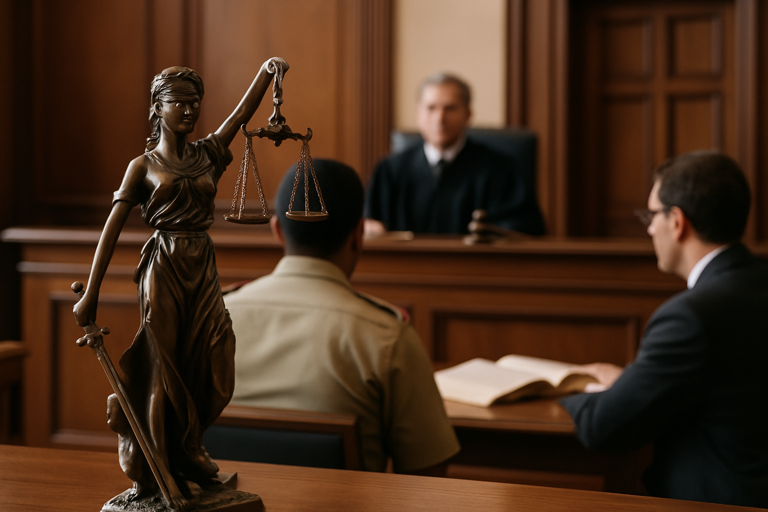 Courtroom scene with Lady Justice statue symbolizing departmental enquiry and fairness in Patna High Court judgment
