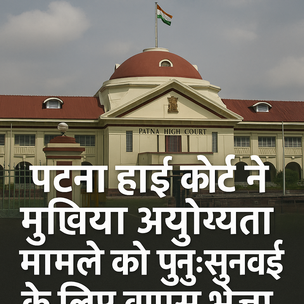 Patna High Court building with bold Hindi text about Mukhiya disqualification case remanded for rehearing