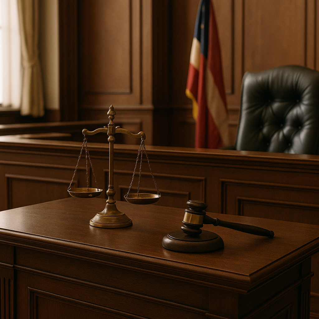 Courtroom scene illustrating reinstatement of a government employee with focus on justice and legal order