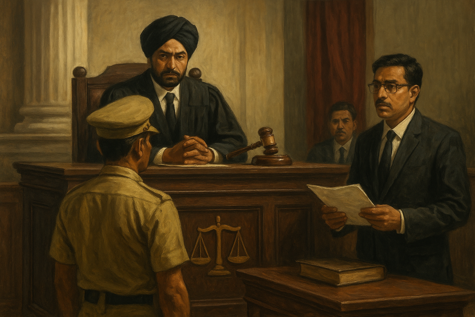 Courtroom scene showing judge reviewing disciplinary case of jail officer in Bihar