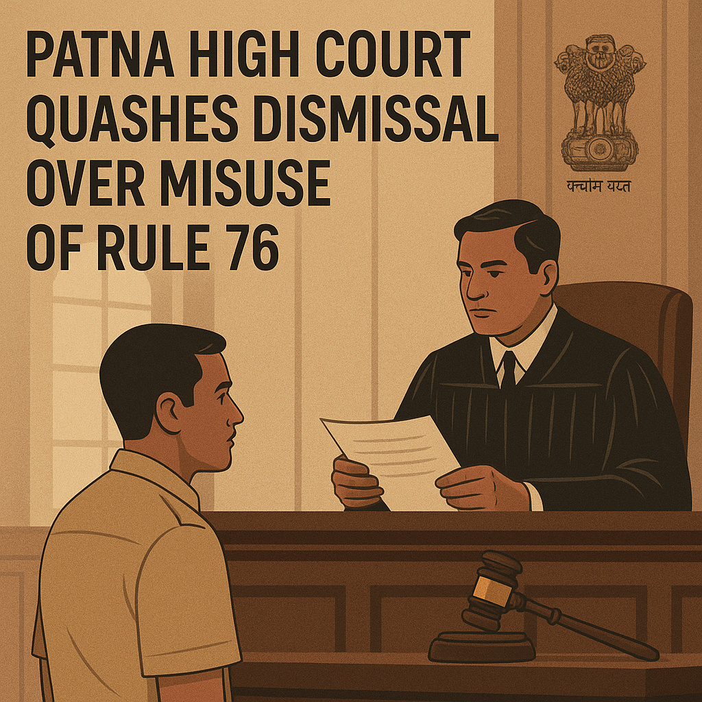 Courtroom scene depicting a judge reviewing dismissal of a government employee under Rule 76 in Bihar