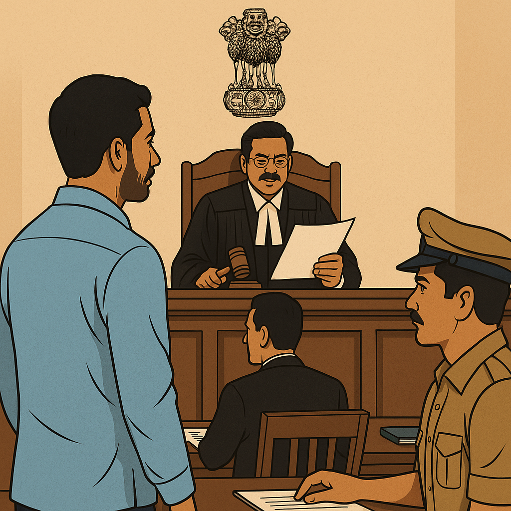 Courtroom scene depicting a judge, police officer, and petitioner in an FIR quashing case related to electricity line dispute
