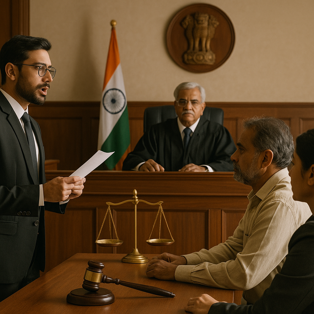 Courtroom scene depicting legal dispute over government construction contract delay decided by Patna High Court