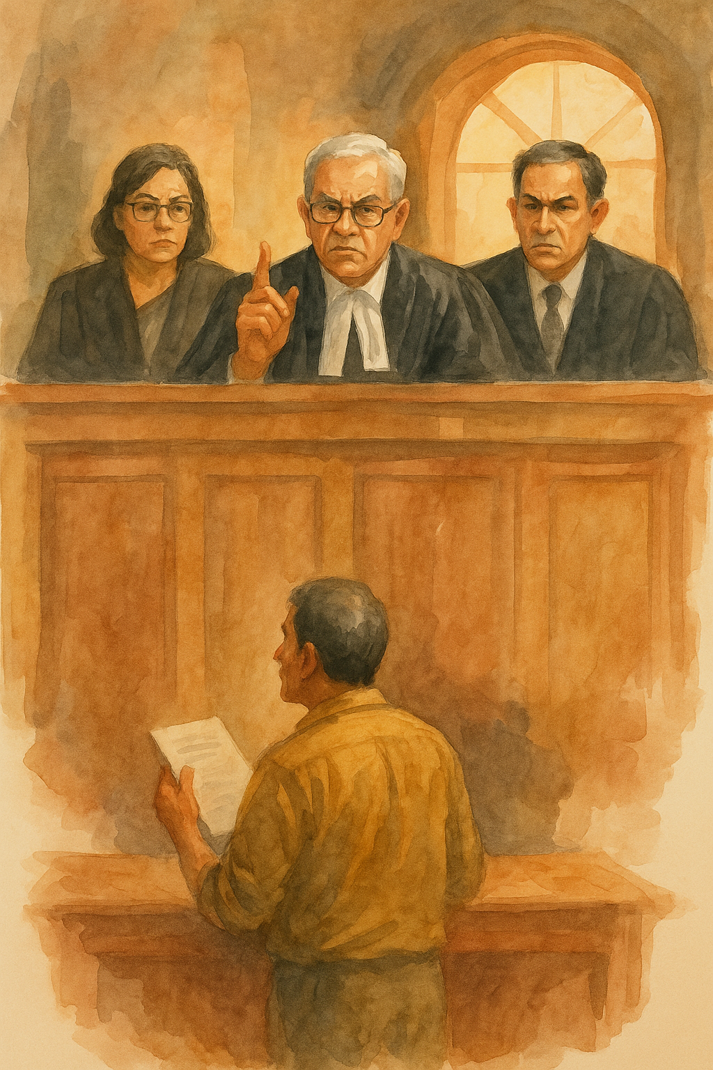 Watercolor painting of an Indian courtroom scene where a contractor presents his case before judges in a blacklisting dispute