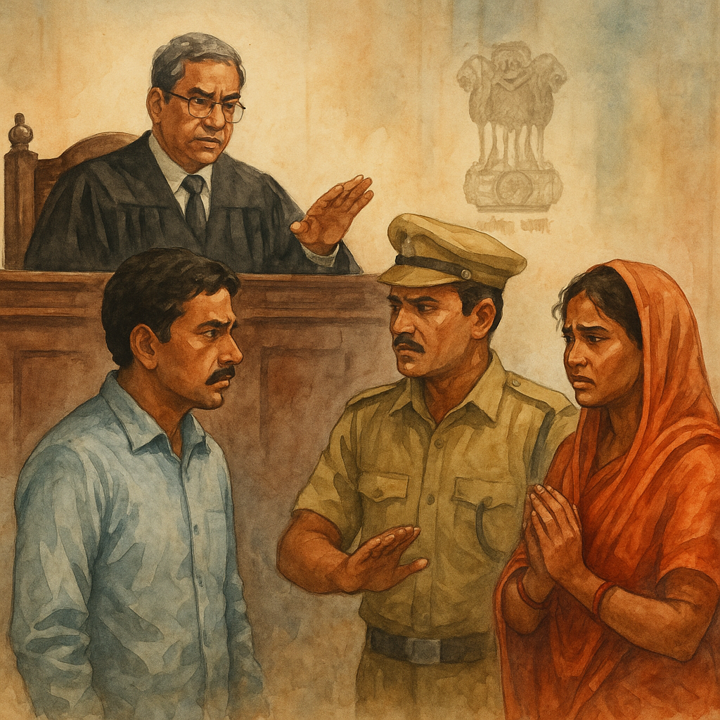 Courtroom illustration showing land mutation dispute and D.C.L.R.’s authority reviewed by Patna High Court
