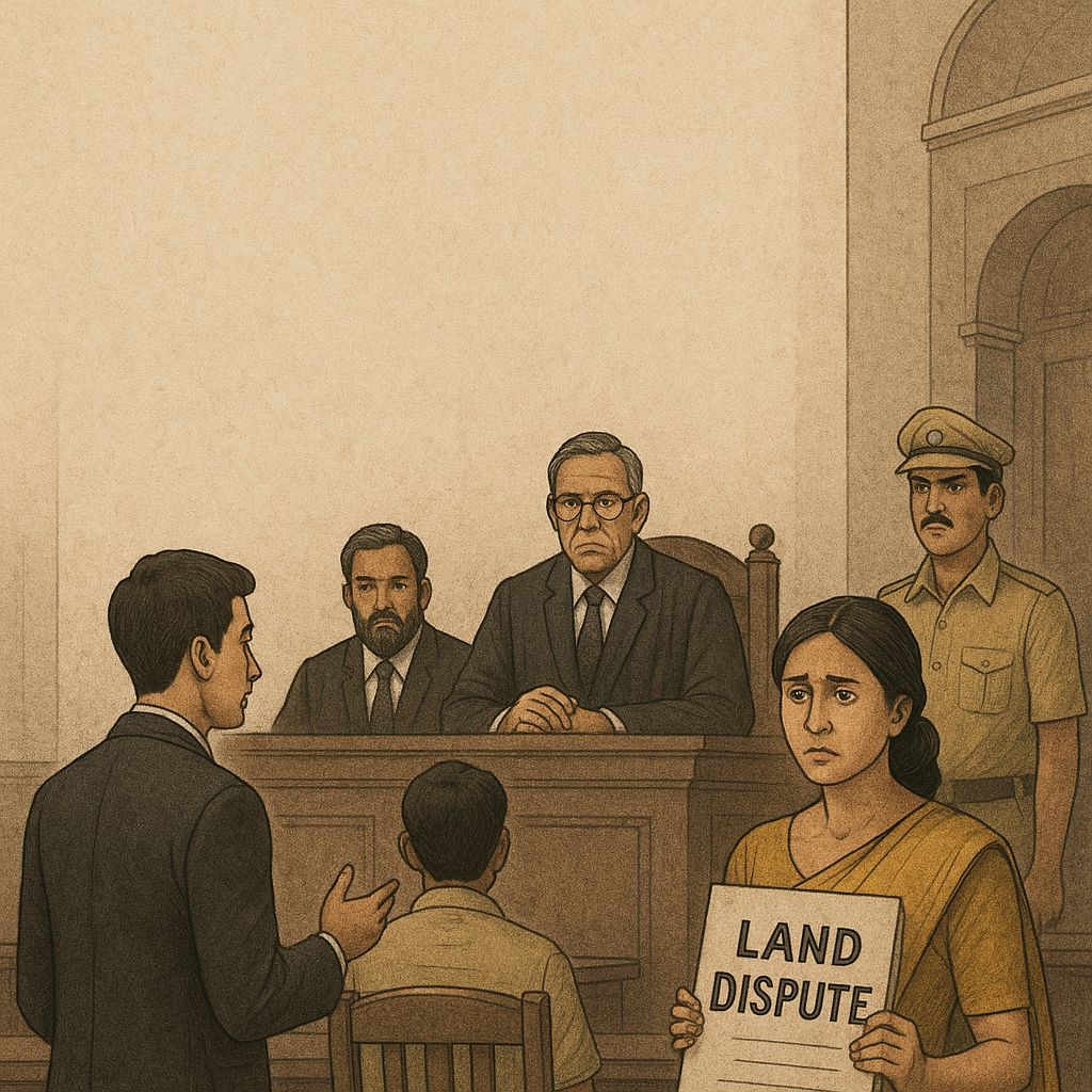 Courtroom scene depicting land dispute and judges hearing a civil reference under Section 113 CPC in Patna High Court