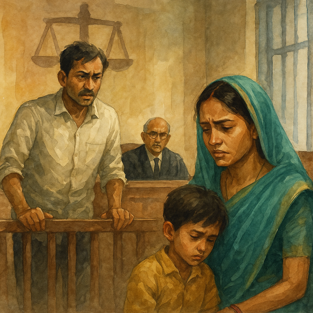 Watercolor illustration of Indian courtroom showing emotional maintenance dispute involving wife, child, and husband