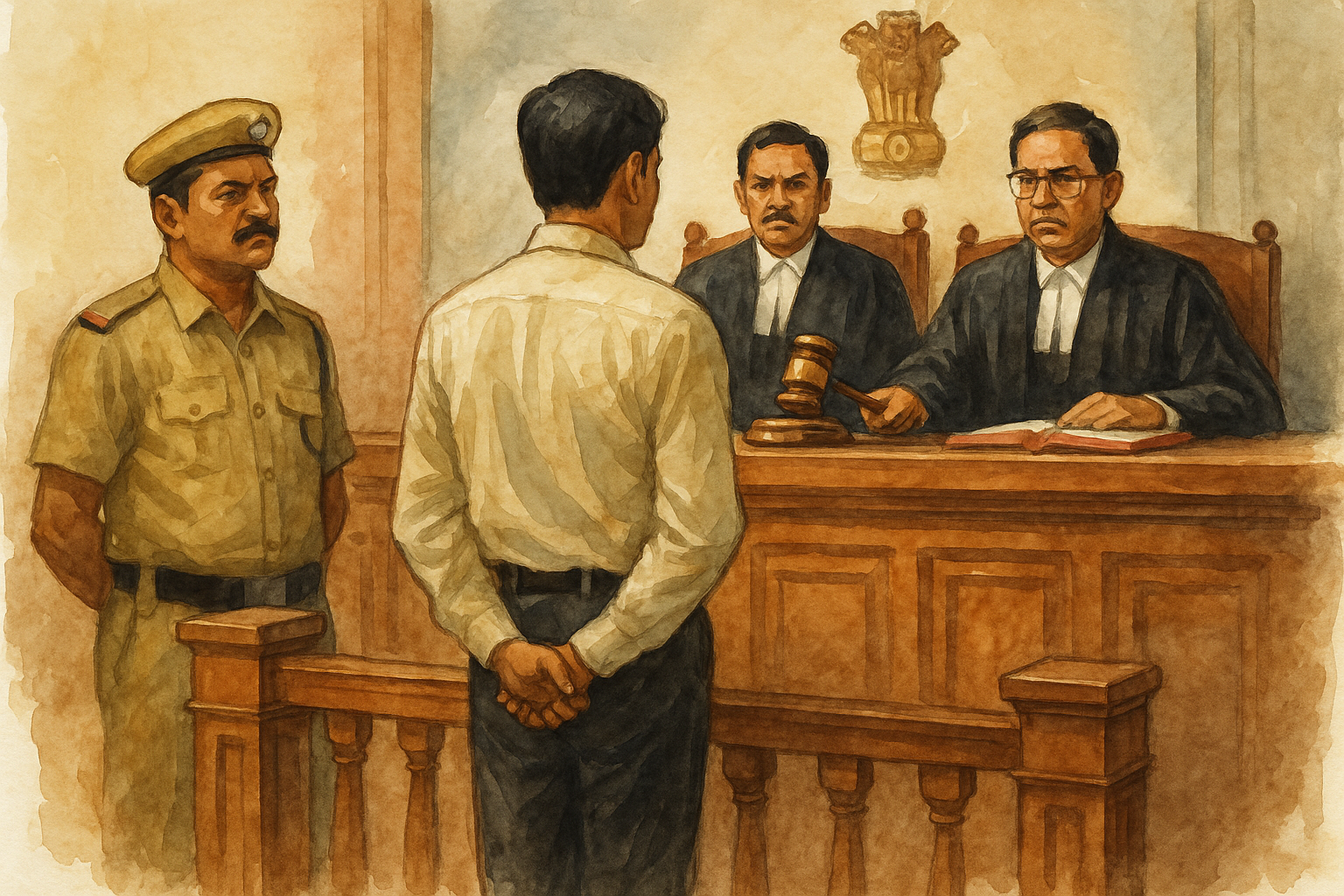Courtroom watercolor showing tense contractor facing judges in Patna High Court blacklisting case