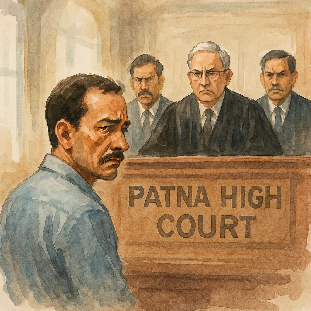 Watercolor courtroom scene showing contractor facing Patna High Court judges in fake certificate blacklisting case