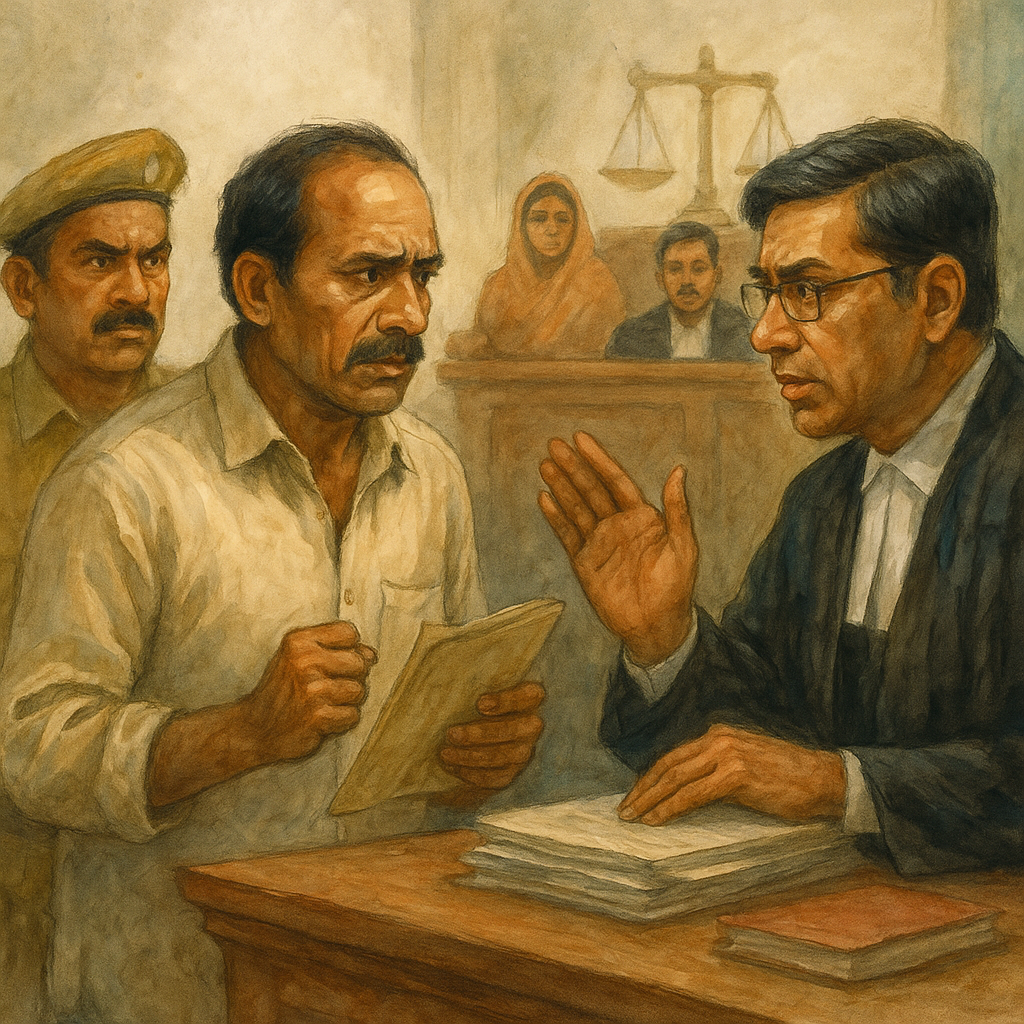 Courtroom illustration of land compensation dispute in Bihar, showing petitioner and lawyer before a judge