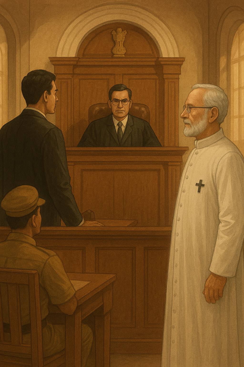 Traditional courtroom illustration showing a landowner defending possession rights before Patna High Court