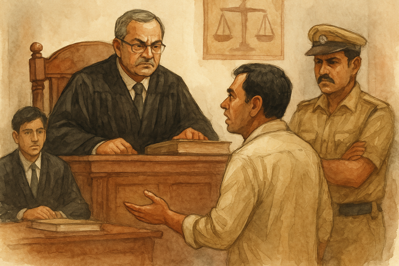 “Watercolor painting of an Indian courtroom scene showing judge questioning a petitioner over forged contract certificate