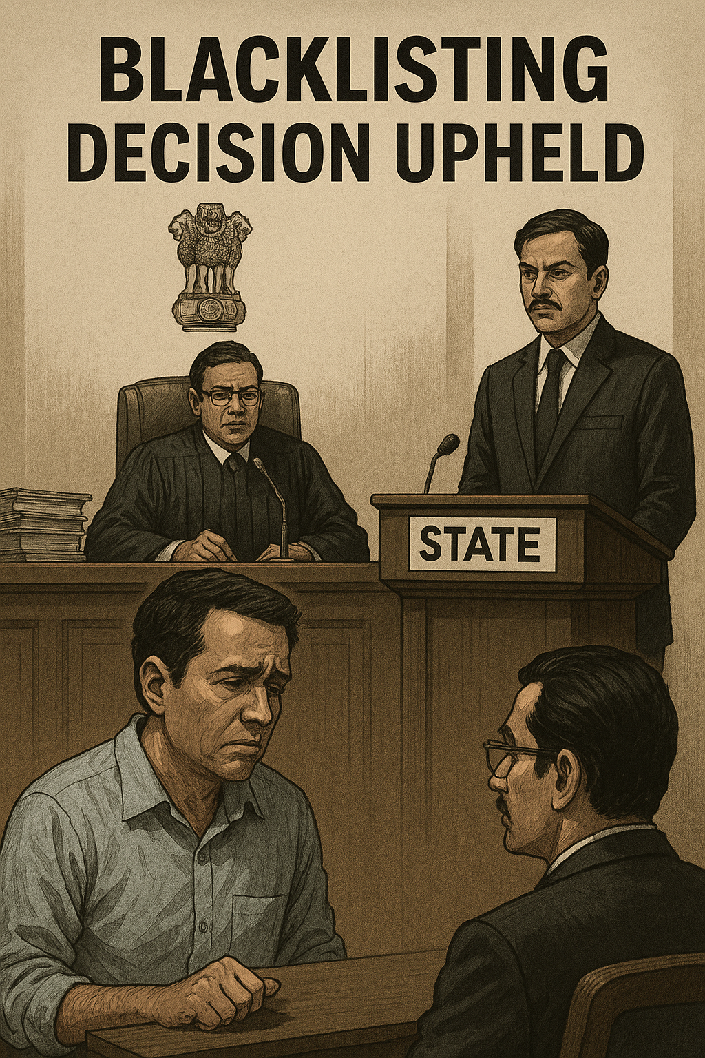 Courtroom scene depicting blacklisting of a contractor by state authorities during Patna High Court hearing