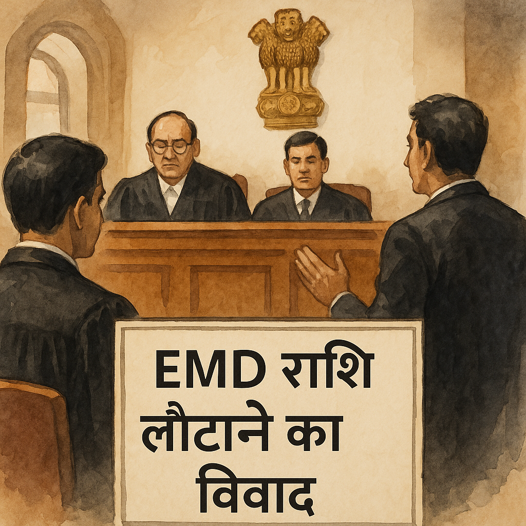 Indian courtroom watercolor showing judges hearing EMD refund dispute in government tender forgery case