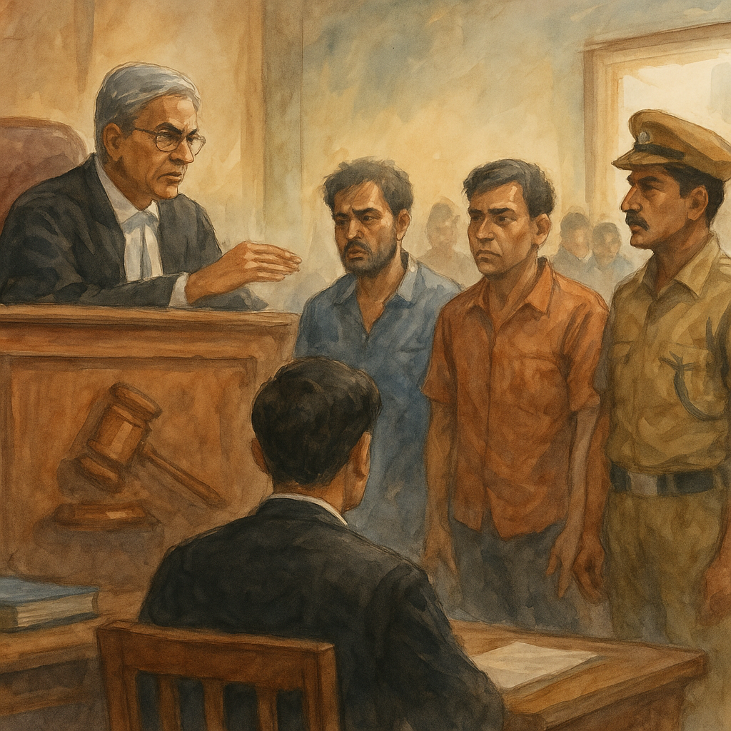 Watercolor painting of Indian courtroom during mob violence conviction in Patna High Court