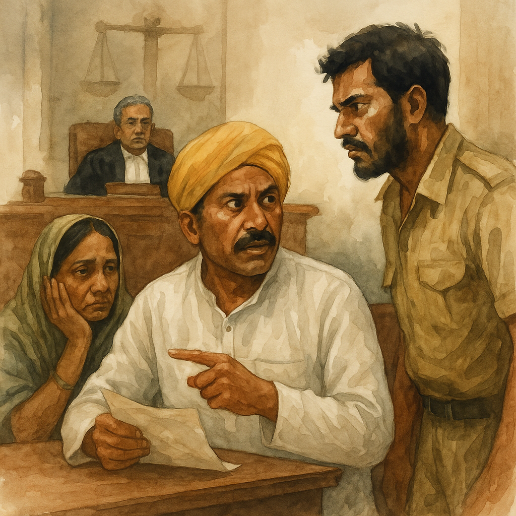 Watercolor courtroom illustration depicting voter identity dispute during Bihar Panchayat election case