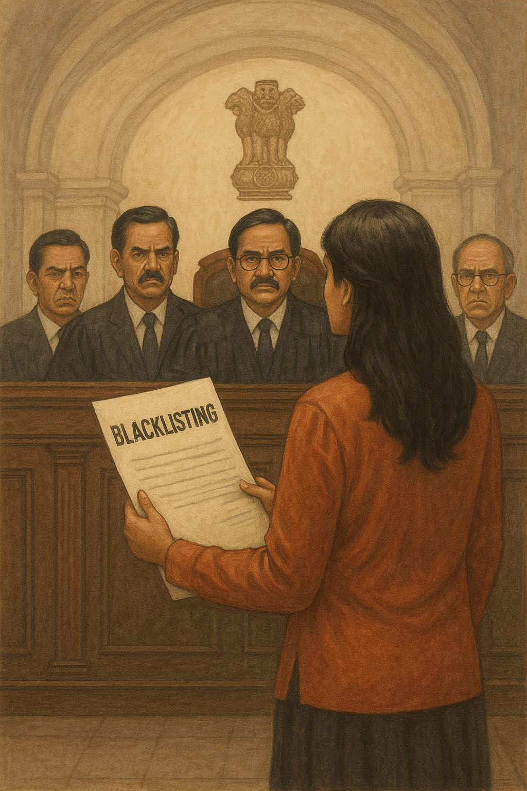 Courtroom painting showing woman presenting blacklisting order before judges in Patna High Court setting