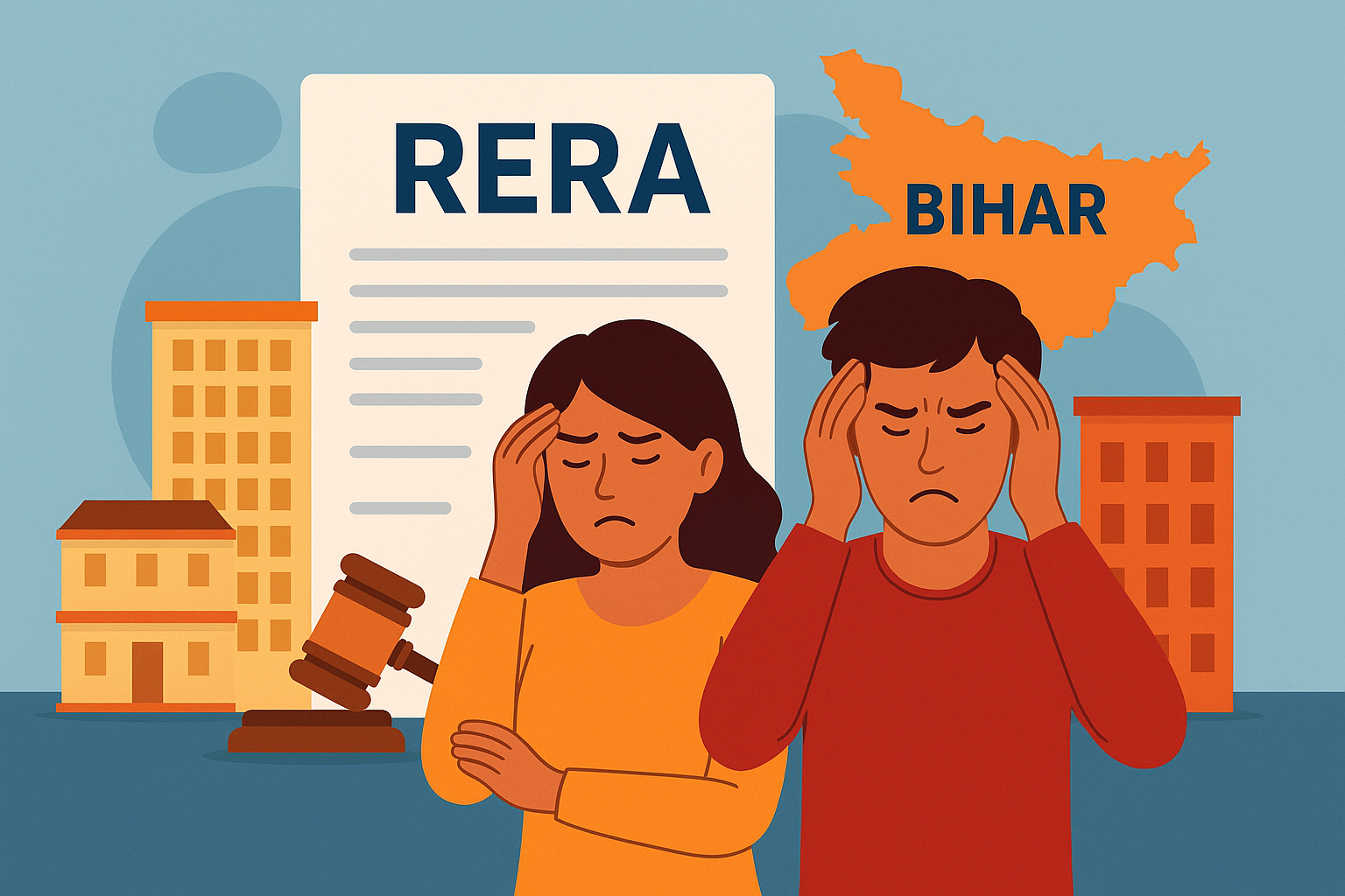 Illustration of RERA document with buildings and a judge’s gavel, representing real estate regulation and homebuyer rights in India.