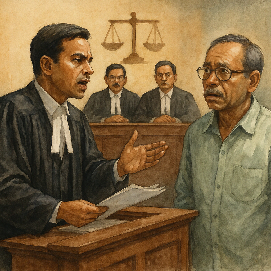 Courtroom illustration showing lawyer arguing a case about rectification of Form F under CST Act before Patna High Court
