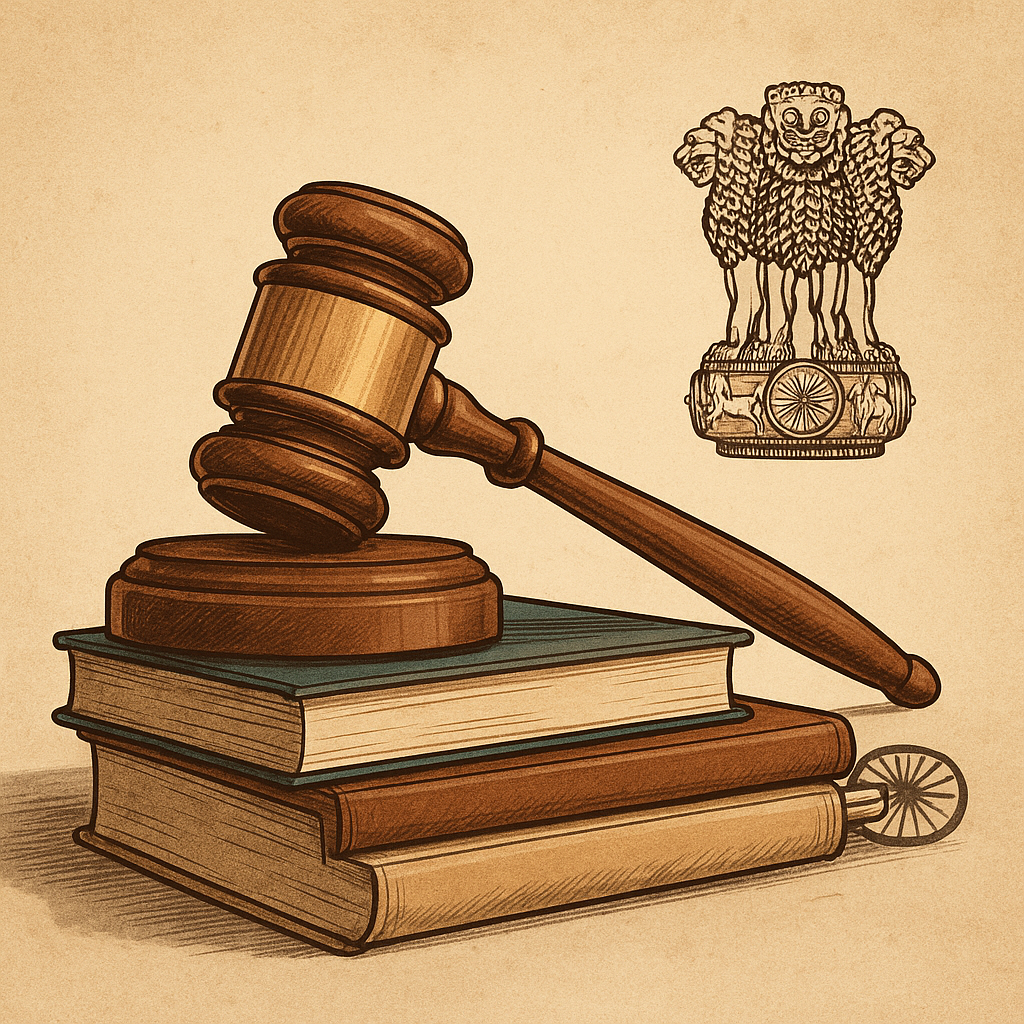 Illustration of Indian court judgment with gavel, legal books, and Ashoka Pillar, symbolizing tax dispute on educational services