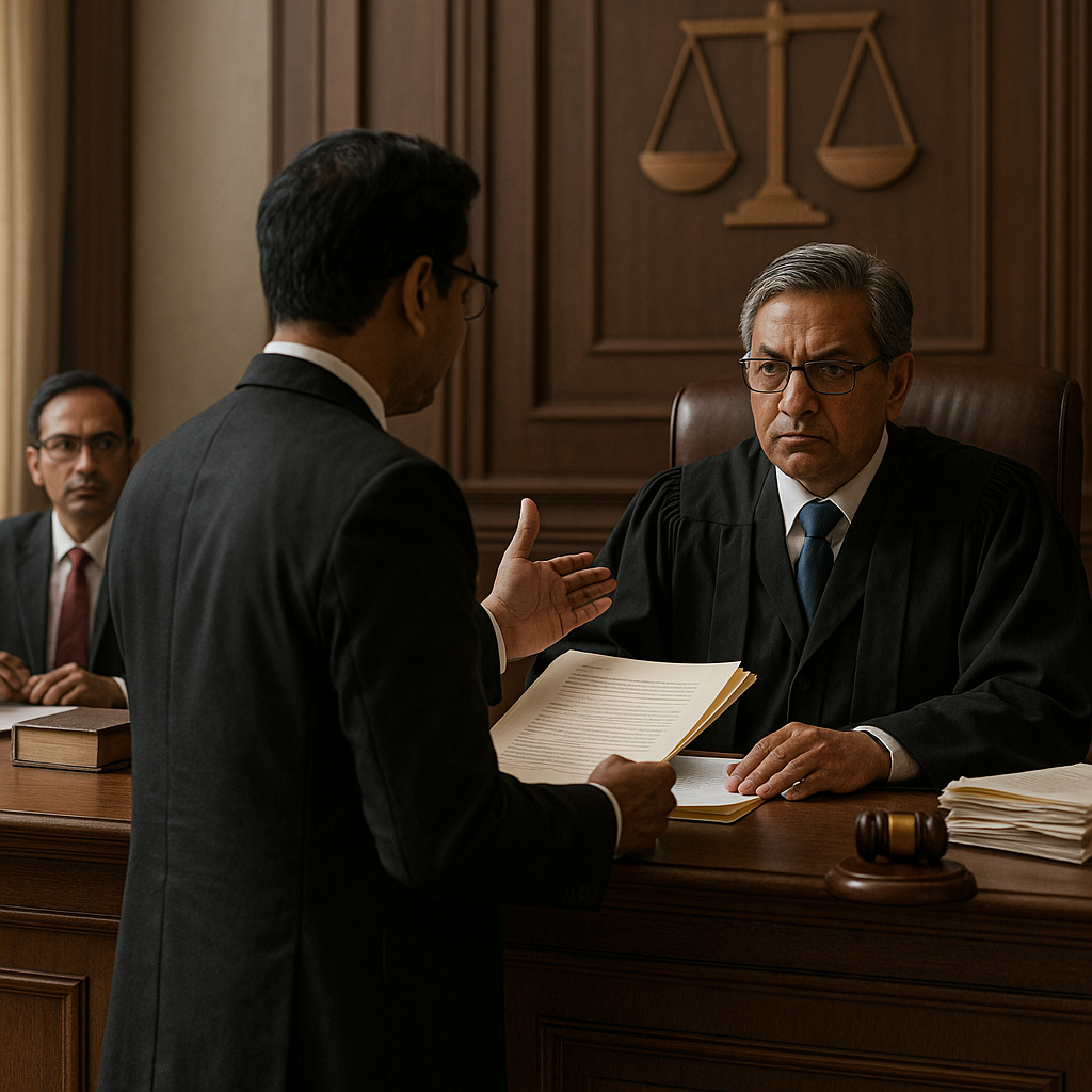 Indian courtroom scene showing judge and lawyer during tax recovery dispute under GST law