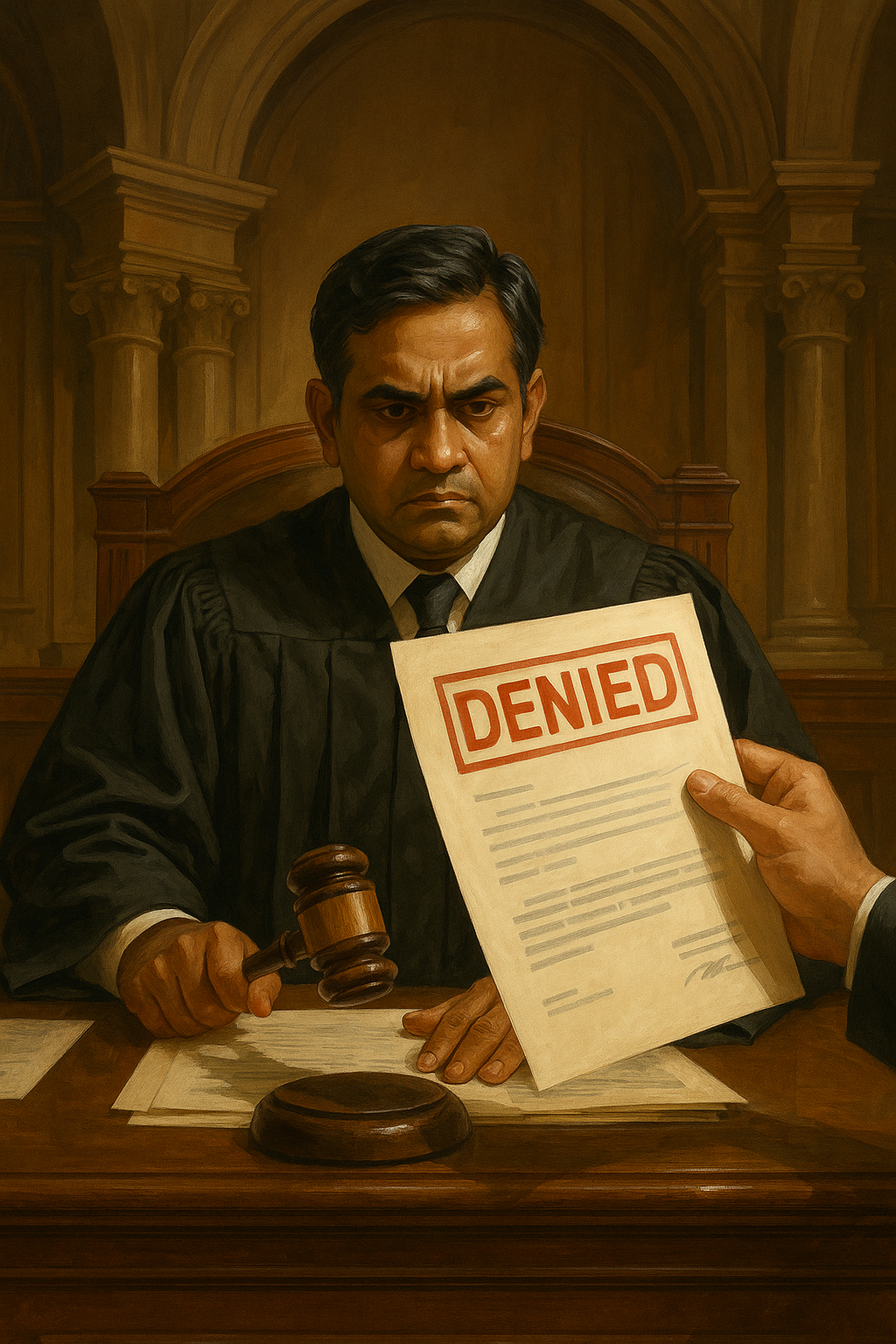 Illustration of Indian courtroom with judge rejecting a delayed GST registration appeal